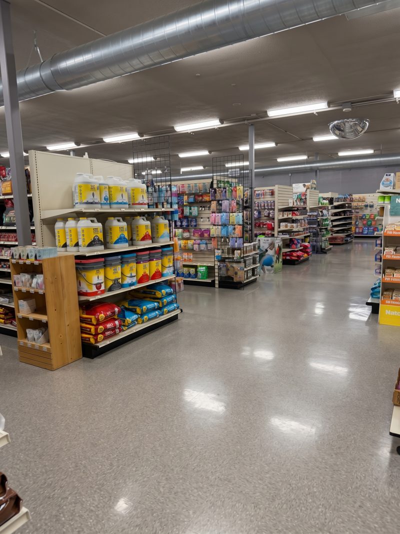 Wide, bright aisles of food, treats and supplies under long ceiling lights